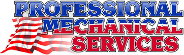 Professional Mechanical Services logo — red, white, and blue text with American flag motif
