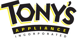 Tony's Appliance Incorporated logo — bold yellow "Tony's" wordmark with black "Appliance" banner